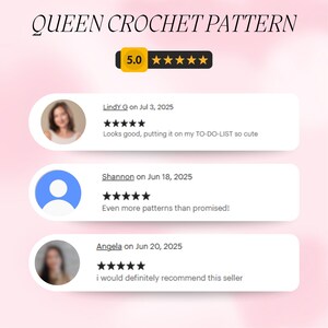 May include: Image features the text "QUEEN CROCHET PATTERN" at the top. Below, a 5-star rating is displayed. Three customer reviews are shown, each with a name, date, and a short comment. The background is a soft pink gradient.