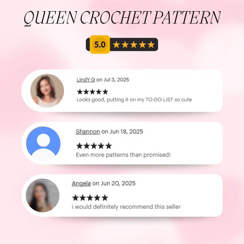 May include: Image features the text "QUEEN CROCHET PATTERN" at the top. Below, a 5-star rating is displayed. Three customer reviews are shown, each with a name, date, and a short comment. The background is a soft pink gradient.