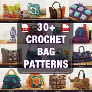 Puede incluir: Imagen que muestra varios patrones de bolsos de ganchillo. Los bolsos hechos a mano son de diferentes colores y diseños, incluyendo bolsos de mano y bolsos de hombro. El texto "30+ CROCHET BAG PATTERNS" es visible.