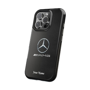 Personalized Magnetic Tough Mercedes AMG iPhone Case - Luxury Car Logo Phone Cover - Gift for Mercedes Fans, Leather Style Background