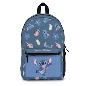 Personalized Stitch Character Backpack - Custom Name Blue School Bag - Cute Tropical Flowers & Pineapple Print for Kids and Teens Fans