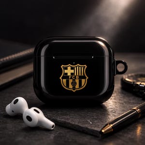 Personalized FCB AirPods Case – Black Gold Protective Cover, Football Fan Gift