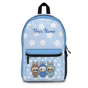 Personalized Cute Labubu Kids Backpack - Custom Name School Bag - Blue Cartoon Print for Boys & Girls