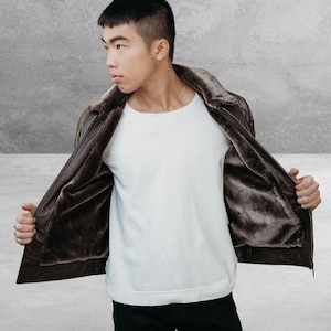 Brown Aviator Leather Jacket for Men - Real Sheep Leather Faux Fur Jacket - Vintage Style Handcrafted Leather Jacket - Gift for Him