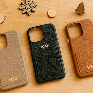 Personalized iPhone Case with Card Holder: Engraved Initials, Luxury Grain