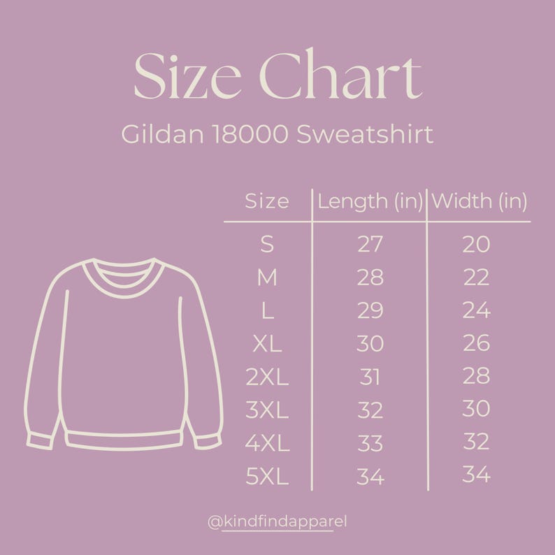 K&ouml;nnte beinhalten: Eine Gr&ouml;&szlig;entabelle f&uuml;r ein Gildan 18000 Sweatshirt, mit Ma&szlig;en in Zoll. Die Tabelle enth&auml;lt die Gr&ouml;&szlig;en S bis 5XL mit den entsprechenden L&auml;ngen und Breiten. Das Bild zeigt auch eine Strichzeichnung eines Sweatshirts.
