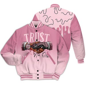 Retro Medium Pearl Pink Varsity Jacket, Pearl Pink Color Outfits Matching Shirt, Drip Trust No One Graffiti Streetwear Sneaker Match Tee