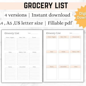 Grocery List | Grocery items | Shopping List | 4 Versions | A4, A5 ,US Letter Size | Instant download PDF