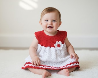 Molde de vestido de crochê para bebê (0-3 meses) | Vestido vermelho e branco (PDF)