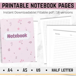 Printable Notebook Pages | Lined Paper | Dotted ,Grid Graph Paper | Note taking templates | A4,A5,Letter,Half Size | Instant Download PDF