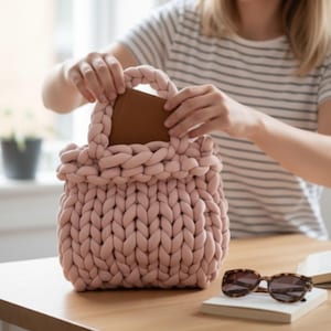 May include: A light pink, chunky knit tote bag with braided handles. The bag is made of thick yarn and has a structured shape. A person is placing a brown book inside the bag. Sunglasses and a book are on the table.