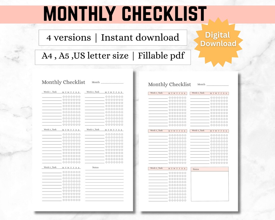 Monthly Checklist Printable | Task Planner | Undated Productivity ...