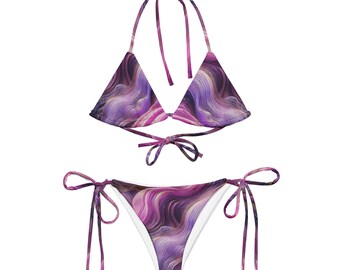 Bikini in tessuto riciclato con lacci e stampa all over