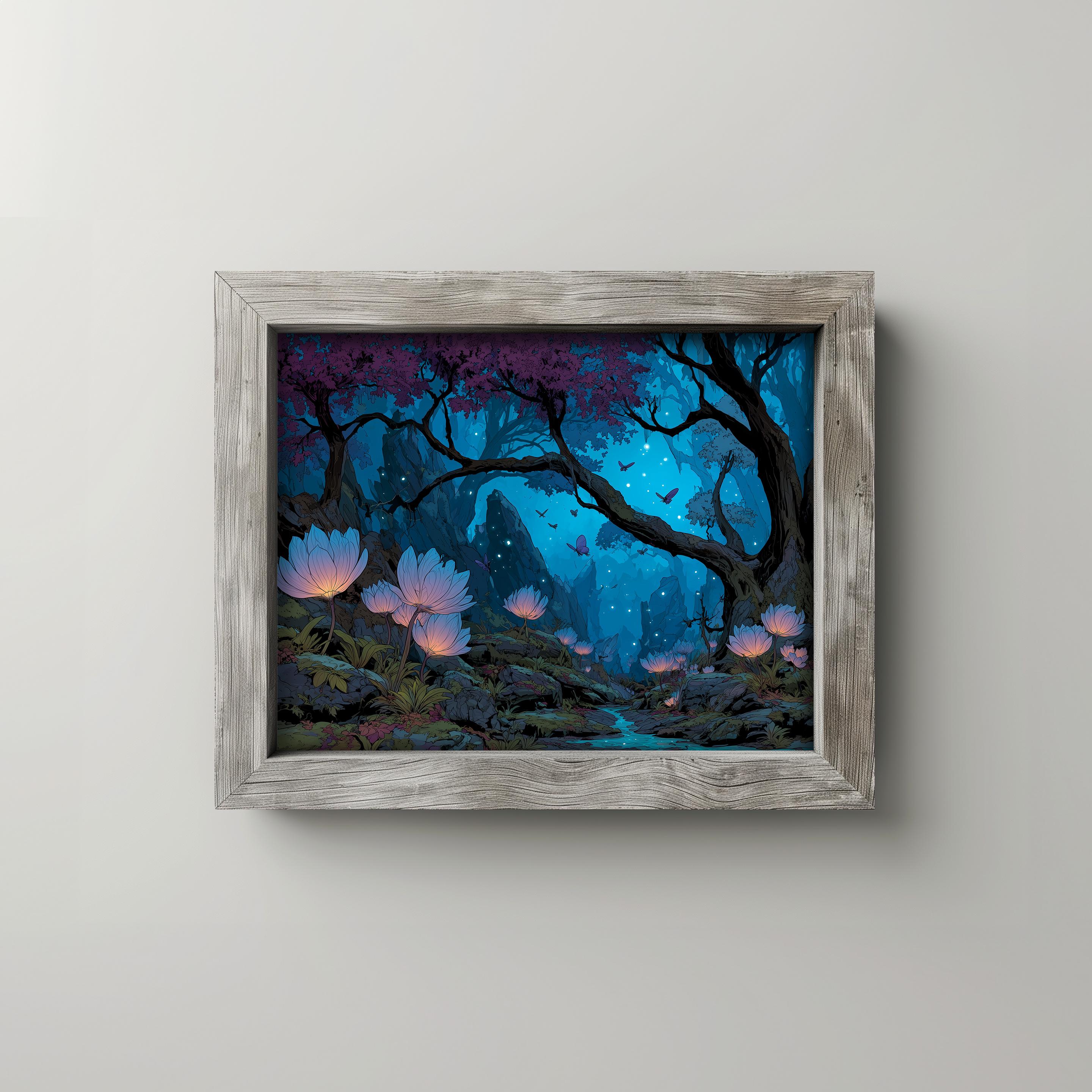Bioluminescent Enchanted Forest Print - Moody Twilight Wall Art ...