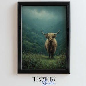 Highland Cow Painting: Moody Scottish Landscape Art (Digital Download