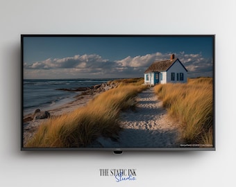 Cuadro de cabaña costera, sendero de dunas de arena, arte de TV enmarcado (descarga digital)