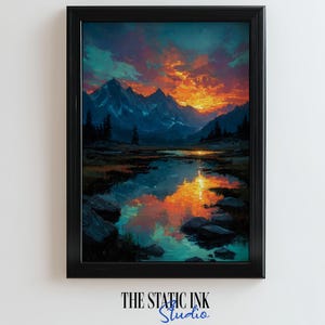 Sunset Mountain Lake Art Print: Colorful Landscape Painting (Digital Download)