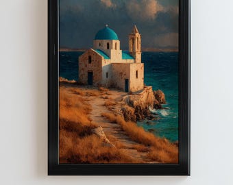 Greek Island Chapel Wall Art | Blue Dome Church Digital Print | Coastal Greece Landscape Download