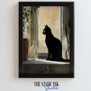 May include: Framed art print depicting a black cat on a windowsill, looking out. A clear glass bottle and potted plants are also visible. The artwork is set against a sunlit background, with the text "THE STATIC INK Studio" at the bottom.
