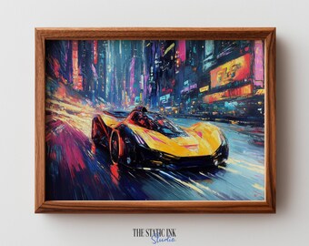 Arte murale cyberpunk con auto da corsa elettrica - Paesaggio urbano futuristico al neon, auto da corsa ad alta energia, stile urbano malinconico, dipinto digitale stampabile 298