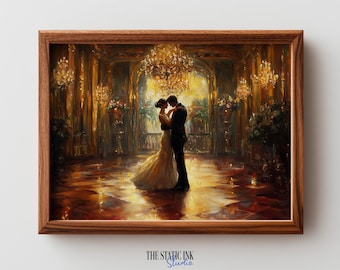 Romantic Vintage Ballroom Dance Painting - Elegant Couple in Grand Reception, Moody Classic Art, Luxurious Ambience, Printable Art 157