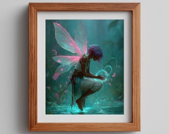 Bioluminescent Fairy Print – Fantasy Forest Pixie Art (Digital Download)