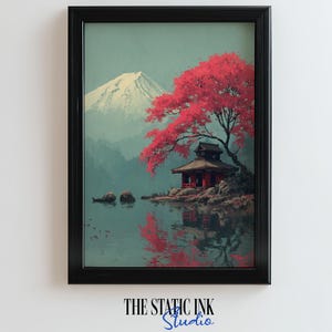 Japanese Temple Art Print: Mt. Fuji & Sakura Tree (Digital Download