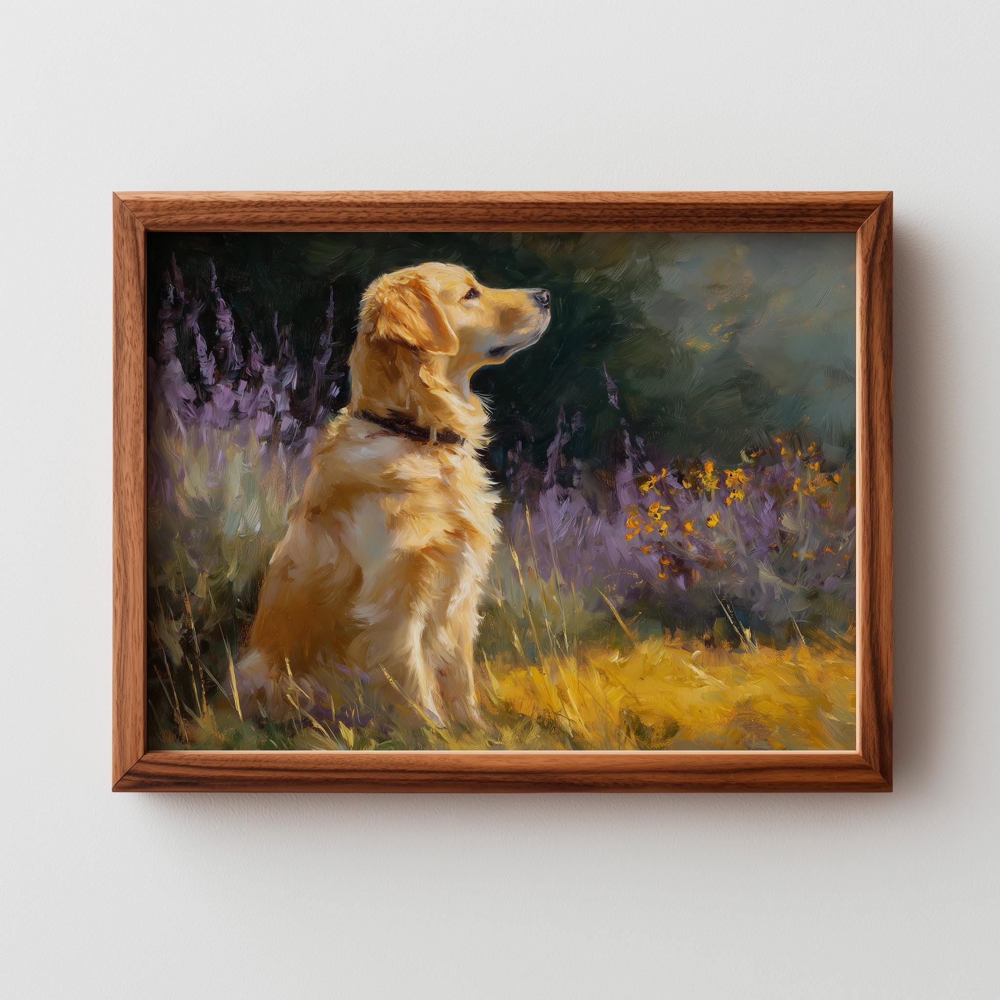 ゴールデンレトリバーの絵画 - 太陽に照らされた草原の犬のアート