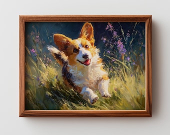 Pintura al óleo de un alegre corgi – Pradera iluminada por el sol, arte rústico de mascotas (descarga digital)