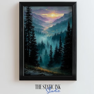 Misty Forest Sunrise Print: Dreamy Landscape Painting (Digital Download