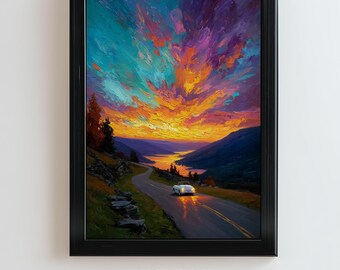 Impresión artística de viaje por carretera al atardecer en un descapotable: decoración de pared inspirada en viajes (descarga digital)