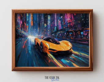 Arte futuristica di auto da corsa elettriche - Paesaggio urbano cyberpunk al neon, veicolo moderno ad alta energia in corsa, dipinto notturno stampabile 297
