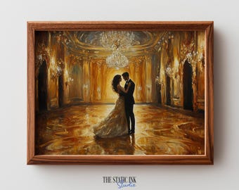 Vintage Ballroom Dance Painting - Moody Romantic Couple, Elegant Golden Tones, Classic Wedding Decor, Printable Art, Impressionist 158