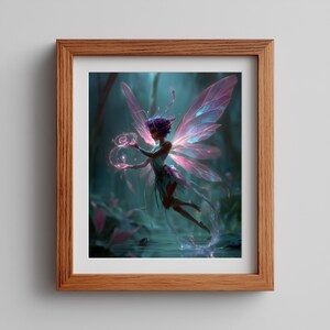 May include: A framed print featuring a fairy with purple hair and large, pink and blue translucent wings. The fairy is holding glowing orbs in a forest setting with a water feature. The artwork is set in a wooden frame.