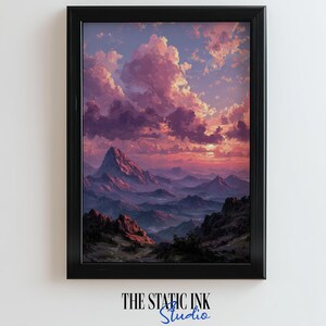 Majestätisch Berg Sonnenuntergang Landschaft Wand Kunst Druck, verträumte lila Himmel Wolke Gemälde, Naturszene digitaler Download Plakat-Dekor
