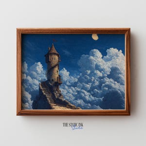 Puede incluir: Una impresión enmarcada representa una torre de piedra con una escalera de caracol, encaramada en un acantilado rocoso, rodeada de nubes blancas y un cielo azul profundo. Una pequeña bandera ondea desde la cima de la torre. La luna es visible. El texto "THE STATIC INK Studio" está en la parte inferior.