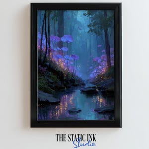 Enchanted Purple Mushroom Forest Digital Print, Magical Fantasy Landscape Wall Art with Glowing Stream Scene Instant Download Artwork