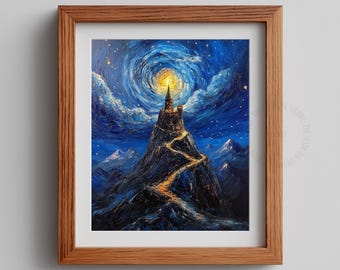 Wydruk artystyczny „Szczyt Góry Czarodzieja” – Mroczne, fantastyczne nocne niebo (pobranie cyfrowe)