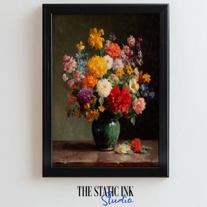 Vintage Floral Still Life Print: Colorful Oil Painting Style Bouquet