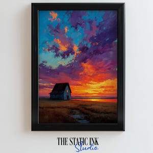 Puede incluir: Impresión artística enmarcada de una vibrante puesta de sol sobre un campo con una pequeña casa. El cielo está lleno de tonos de azul, morado y naranja. La casa tiene una sola ventana iluminada. El texto "THE STATIC INK Studio" está en la parte inferior.
