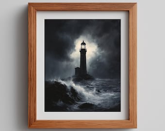 Rustic Coastal Nautical Lighthouse Print - Moody Stormy Sea, Dramatic Dark Coastal Decor, Atmospheric Lighthouse Painting, Printable Art 346