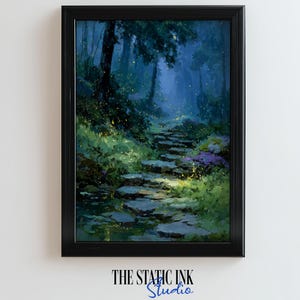 May include: A framed art print of a forest scene with a stone path leading through lush greenery. The artwork features a dark, moody color palette with hints of yellow and purple, and the text "THE STATIC INK Studio" at the bottom.