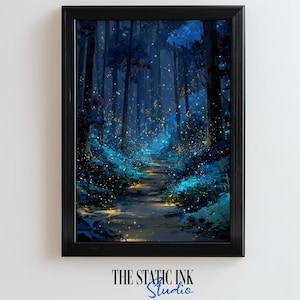 Firefly Forest Digital Art Print: Magical Woodland Fantasy Scene