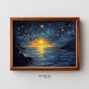 May include: A framed landscape painting shows a sunset over the sea beneath a starry night sky. The artwork features a warm, golden sun reflecting on the water, with dark blue and black tones in the sky and land. The frame is a dark wood.