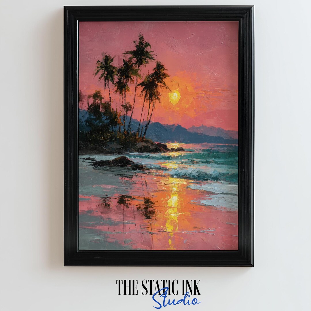 Tropical Sunset Beach Print: Palm Tree Island Wall Art (digital ...