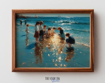 Summer Beach Painting – Children Playing in Surf, Coastal Art (Digital Download)