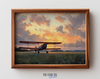 Vintage tweedekker op vliegveld - rustieke luchtvaartkunst, zonsopgangscène uit de jaren 1930, humeurige tweedekker schilderij, afdrukbaar vintage decor download 188
