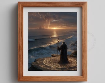 Ancient Wizard Art Print – Dramatic Cliff Scene, Fantasy Decor (Digital Download)