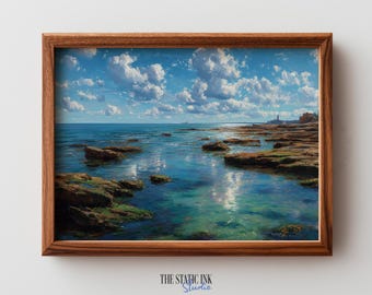 Coastal Tide Pools Art Print - Serene Seascape, Vintage Oil Painting (Digital Download)