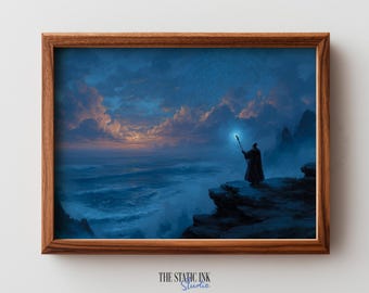 Ancient Wizard Cliff Scene Art Print – Moody Fantasy Seascape (Digital Download)